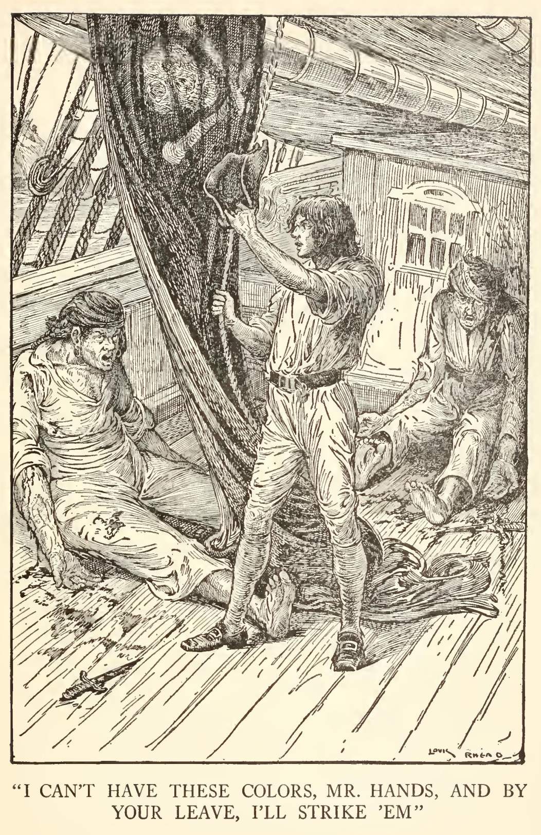 Jim Hawkins arria a bandeira pirata da Hispaniola sob o olhar de Israel Hands — 'I'll strike 'em'.